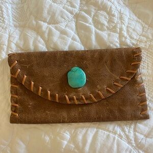 Brown Leather Clutch with Turquoise Accent